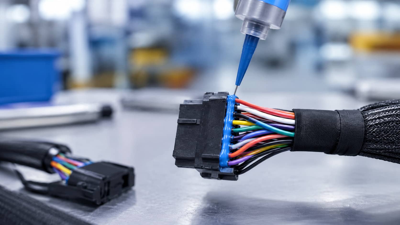 Adhesive being dispensed onto a multi-pin automotive wiring harness connector