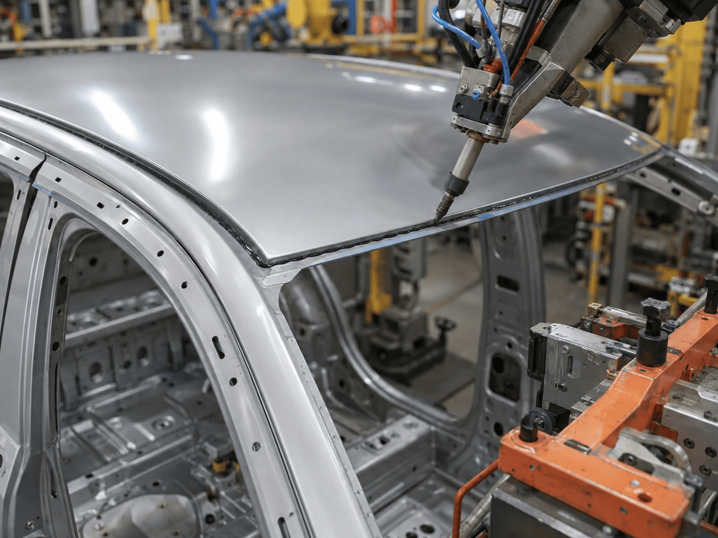 Robotic arm applying primer to a car body on an automotive production line