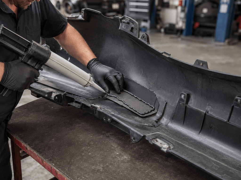 Worker fitting a bonded composite component to a vehicle body