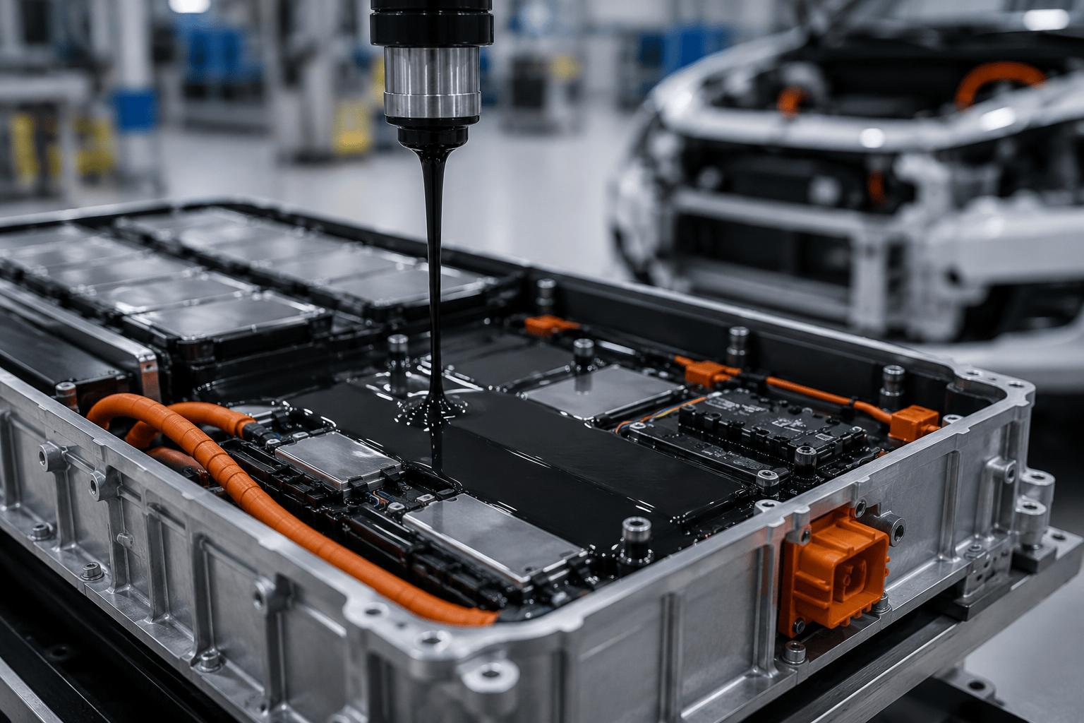 Potting compound being dispensed into an electric vehicle battery pack