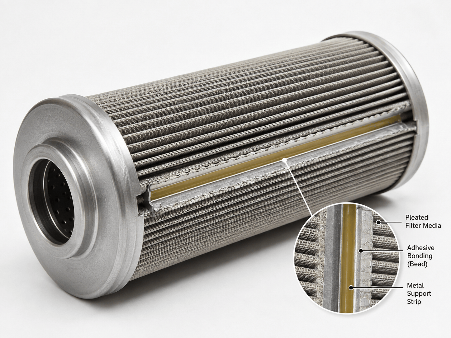 Cutaway of a filter cartridge showing the adhesive bond between pleated media and metal end cap