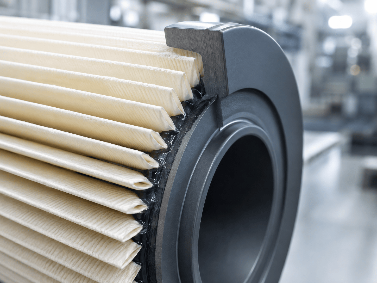 Close-up of pleated filter media bonded to a filter end cap