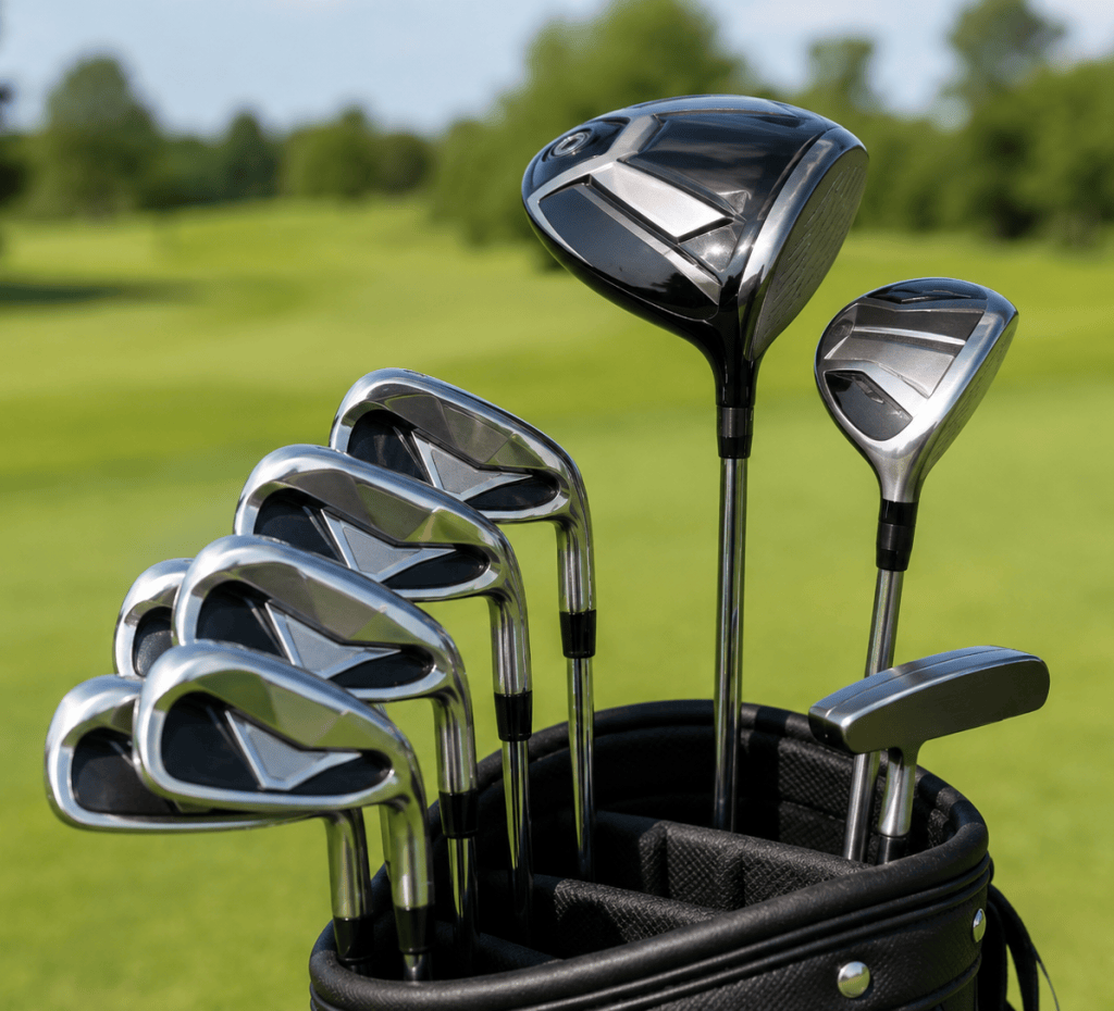 Set of golf clubs in a bag on a golf course