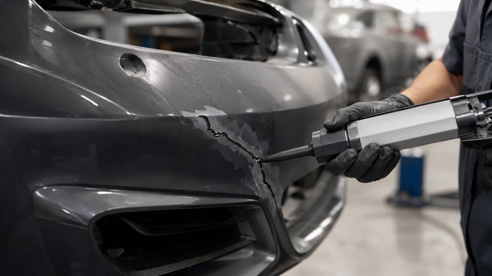 Worker applying sealant to a vehicle body component