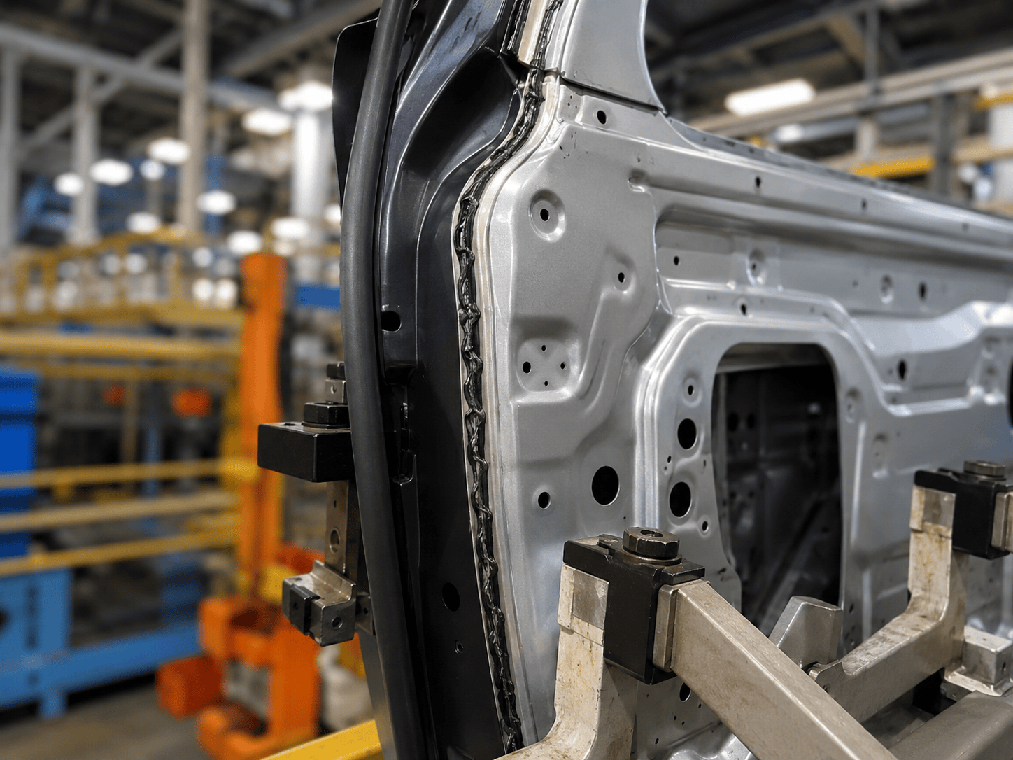 Vehicle door frame on an automotive assembly line