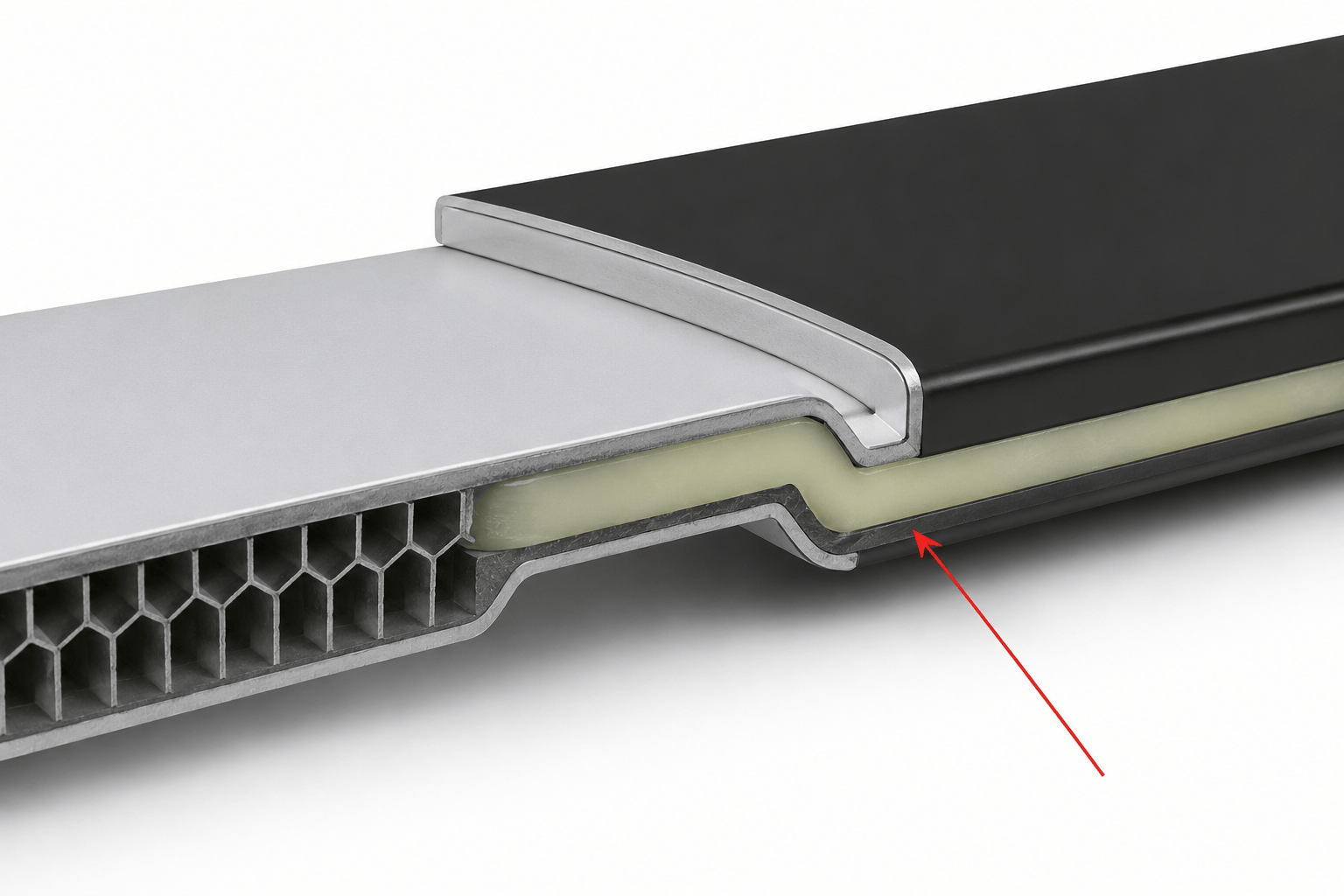 Cross-section of a honeycomb panel bonded with structural adhesive