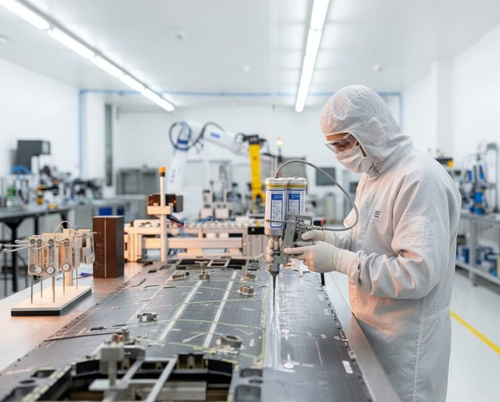 Technician working in a cleanroom production area
