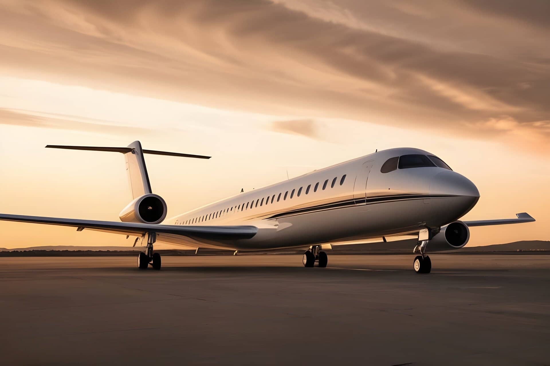 Business jet on the tarmac at sunset