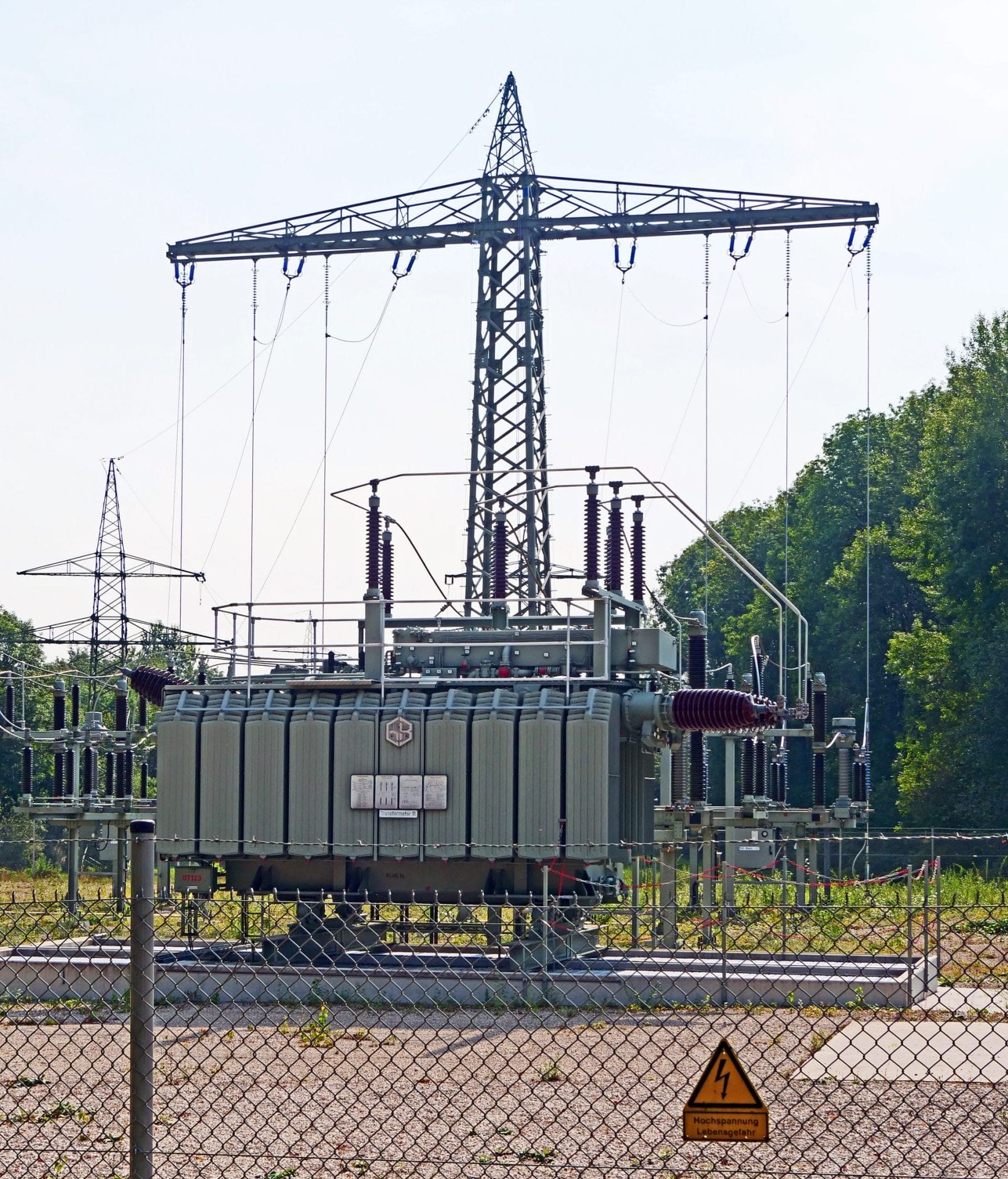 Electrical substation transformers and pylons