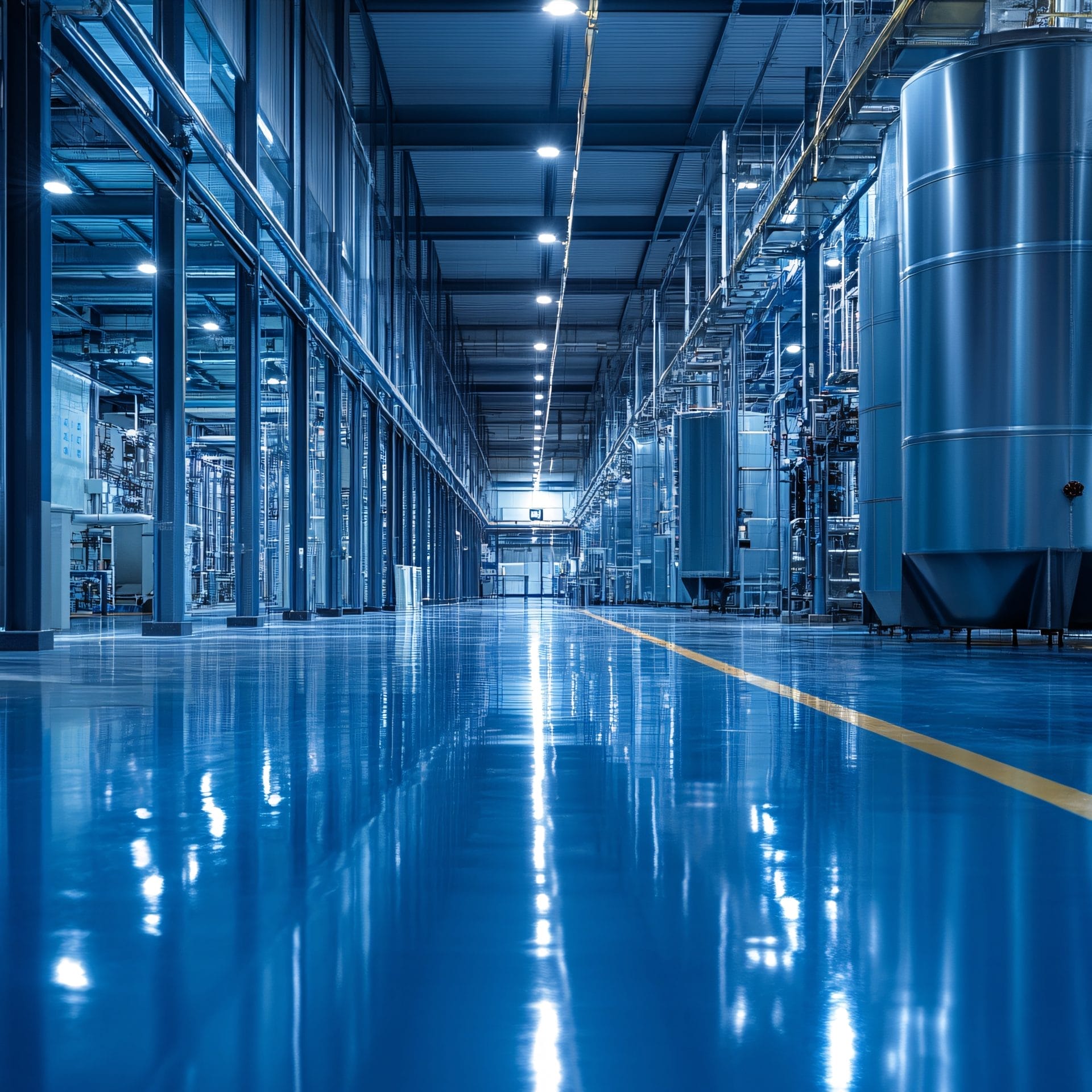 Glossy epoxy-coated floor in a warehouse aisle